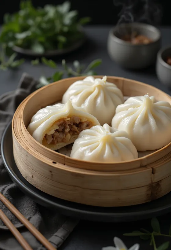 Frissen gőzölt kínai baozi töltött gombóc