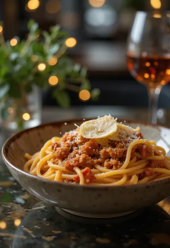 Bolognai spagetti friss bazsalikommal és parmezánnal megszórva