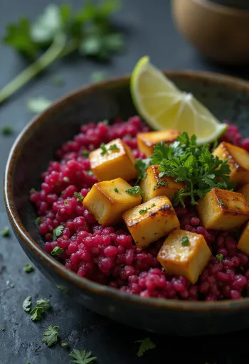 Céklás quinoa curry Buddha-tál lime tofuval tálalva