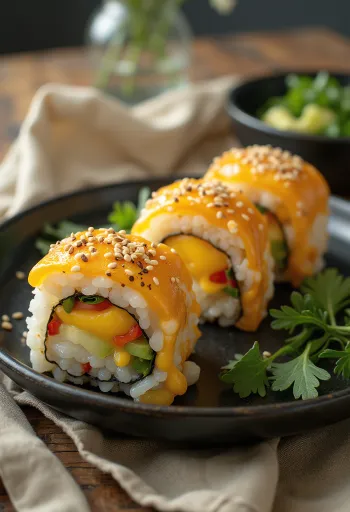 Cheese Gimbap, friss zöldségekkel és sajttal, koreai tekercs tálalva