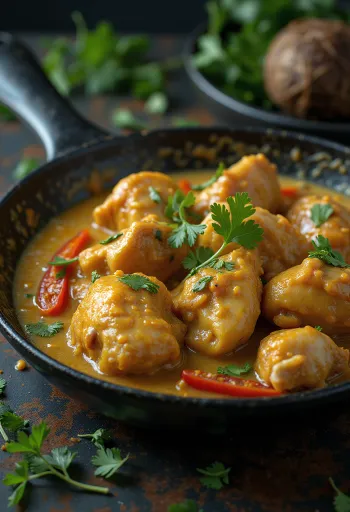 Csirke Bicol Express, gazdag kókusztejjel, chili paprikával tálalva