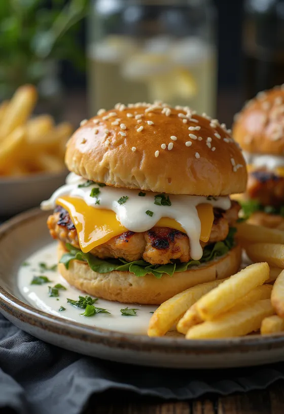 Csirkés ranch burger tálalva