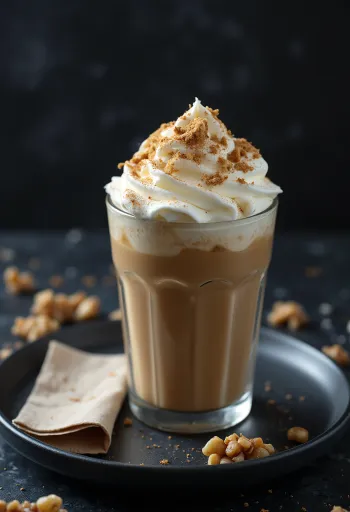 Fahéjas-diós frappuccino tejszínhabbal és darált dióval díszítve