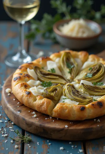 Focaccia grillezett articsókával és parmezánnal tálalva