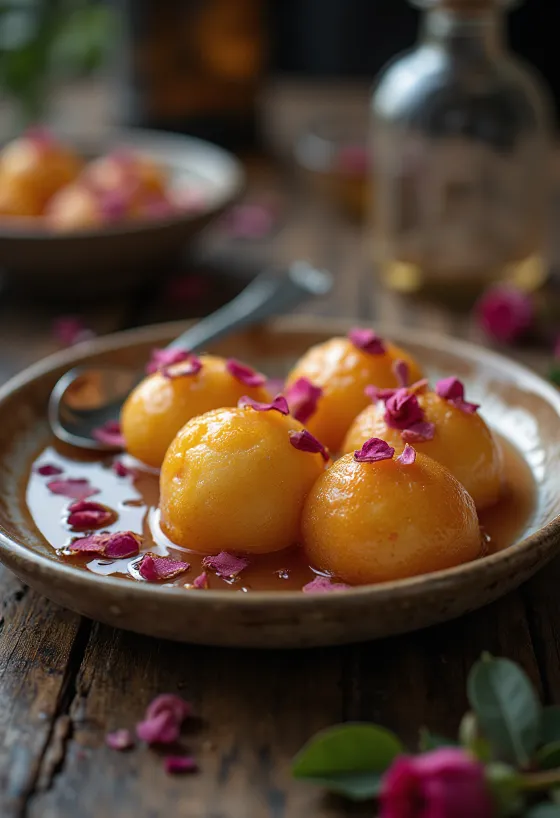 Rózsavízes Gulab Jamun, gazdag rózsavizes sziruppal átitatva, édes és ínycsiklandó desszert