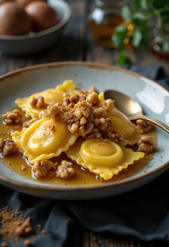 Karamellizált almás-diós ravioli tálalva