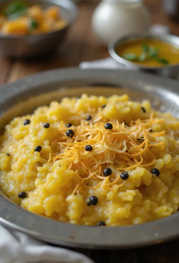 Khichdi pongal, gazdag fűszeres étel, gazdag ízvilággal és gazdag textúrával