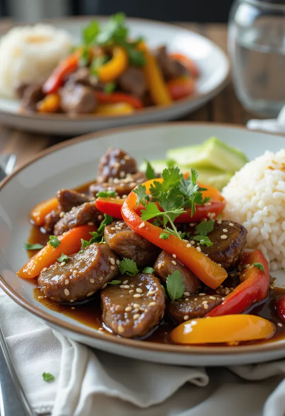 Lomo saltado szezámos szósszal tálalva, friss korianderrel és főtt rizzsel