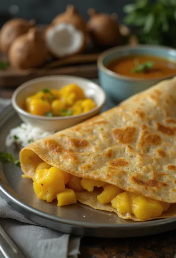 Masala dosa pörkölt burgonyával és friss kókuszreszelékkel tálalva
