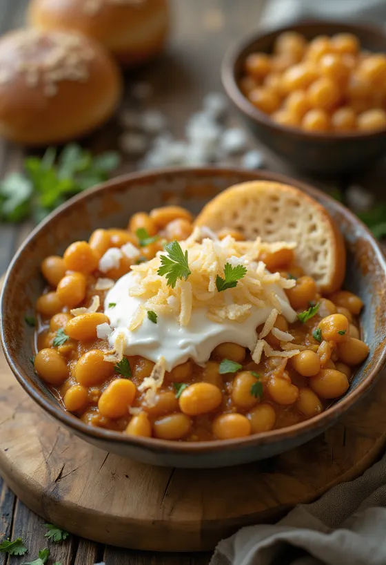 Misal pav dahi joghurtos változatban, tálalva pav zsemlével és friss korianderrel