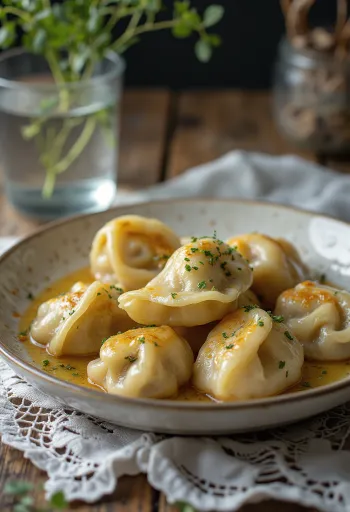 Füstölt húsos pelmeni tejföllel tálalva