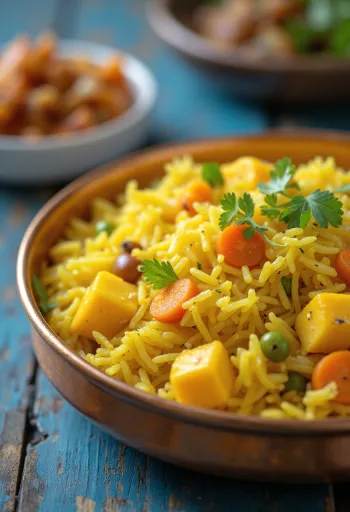 Paneer Pulao tálalva, gazdag fűszerekkel és paneer túróval díszítve