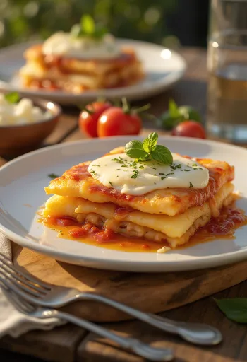 Parmigiana mozzarella sajttal, padlizsánnal és paradicsomszósszal tálalva