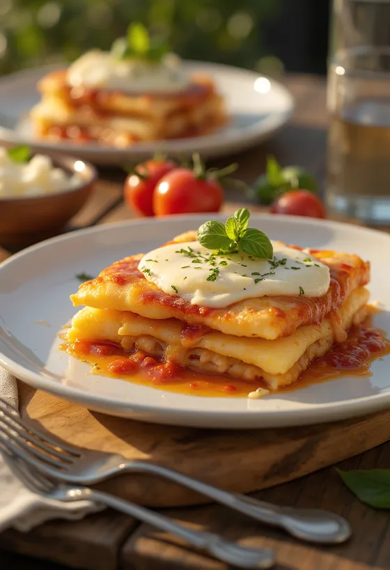 Parmigiana mozzarella sajttal, padlizsánnal és paradicsomszósszal tálalva