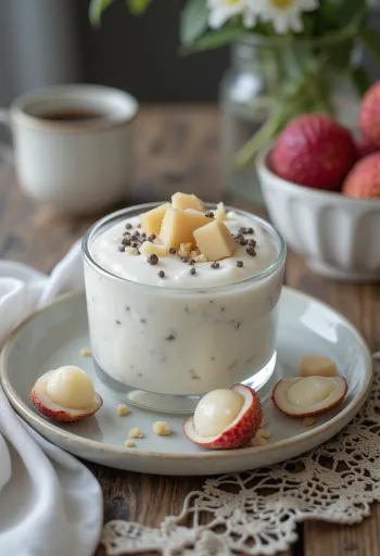 Probiotikus licsis joghurt poharakban, friss licsidarabokkal tálalva