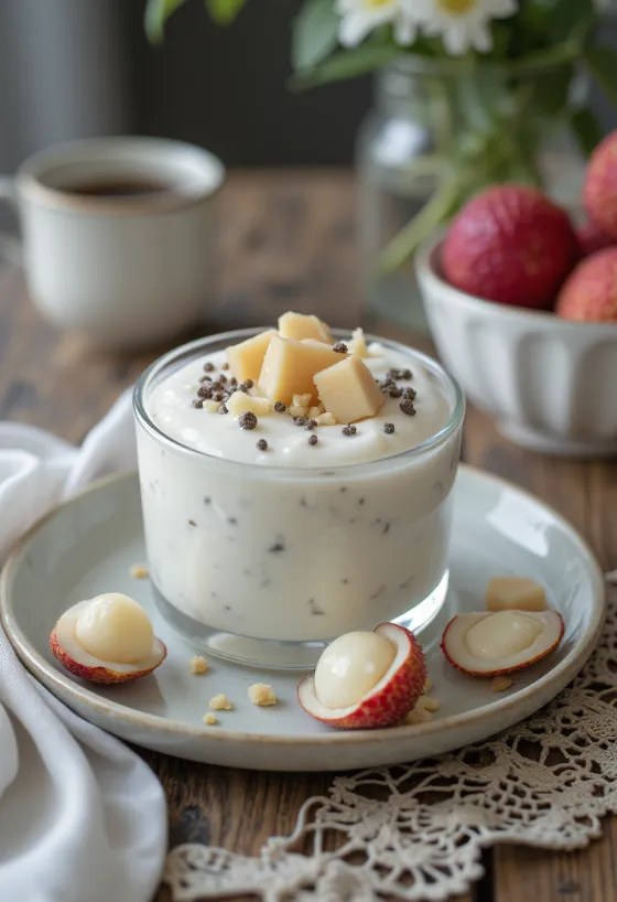 Probiotikus licsis joghurt poharakban, friss licsidarabokkal tálalva