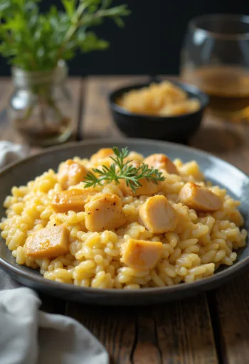 Rizottó csirkével, parmezánnal és friss petrezselyemmel tálalva