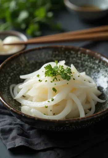 Shiozuke tálalva, friss korianderrel díszítve, retek szeletekkel