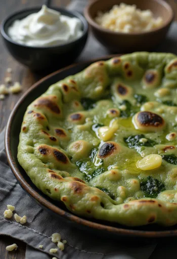 Spenótos naan kenyér tálalva
