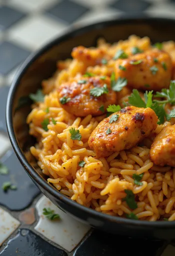 Tandoori csirke tálalva basmati rizzsel, friss korianderrel díszítve