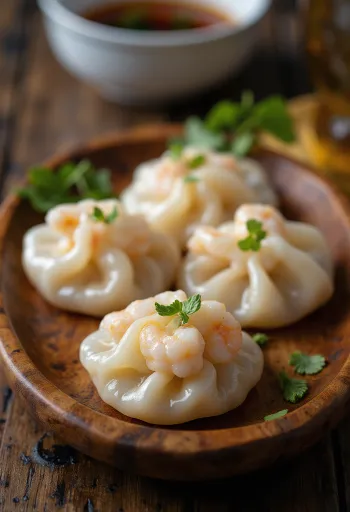 Thai garnélás dumpling áttetsző, párolt tésztával tálalva