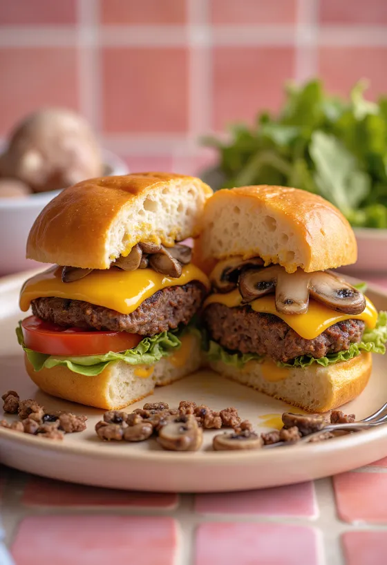 Frissen készült töltött hamburger cheddar sajttal és gombával