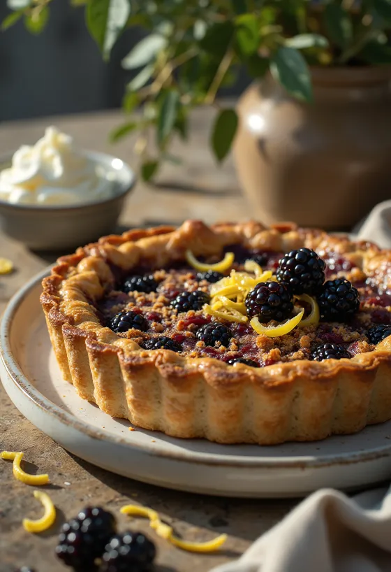 Treacle tart gluténmentes tésztával, feketeribizlivel tálalva