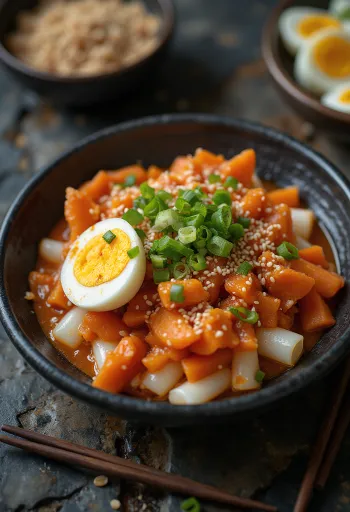 Tteokbokki zöldségekkel, tojással és szezámmaggal díszítve