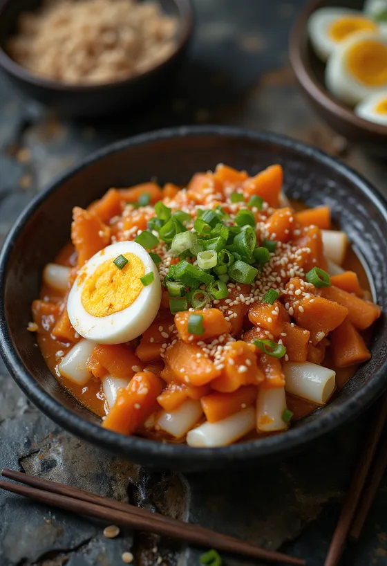 Tteokbokki zöldségekkel, tojással és szezámmaggal díszítve