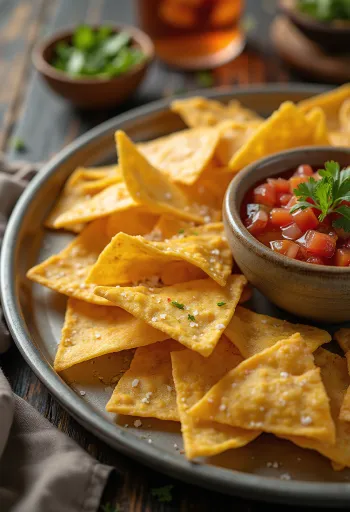 Vegán tortilla chips salsával tálalva