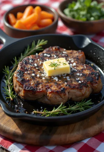 Jak steak sült zöldségekkel és friss rozmaringgal tálalva