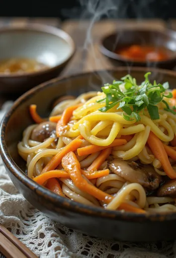 Yaki udon frissen, ropogósra sütve, gazdag szójaszószban, tojással tálalva