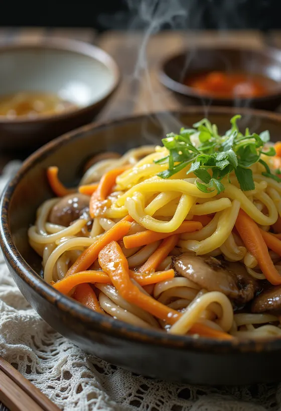 Yaki udon frissen, ropogósra sütve, gazdag szójaszószban, tojással tálalva