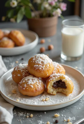 Zeppole mogyorókrémmel, olasz édesség mogyorókrémmel és porcukorral