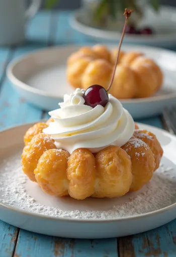 Zeppole tejszínhabbal tálalva, friss és könnyed tészta