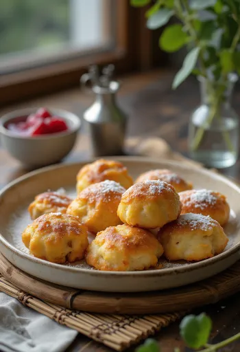 Æbleskiver eperlekvárral tálalva