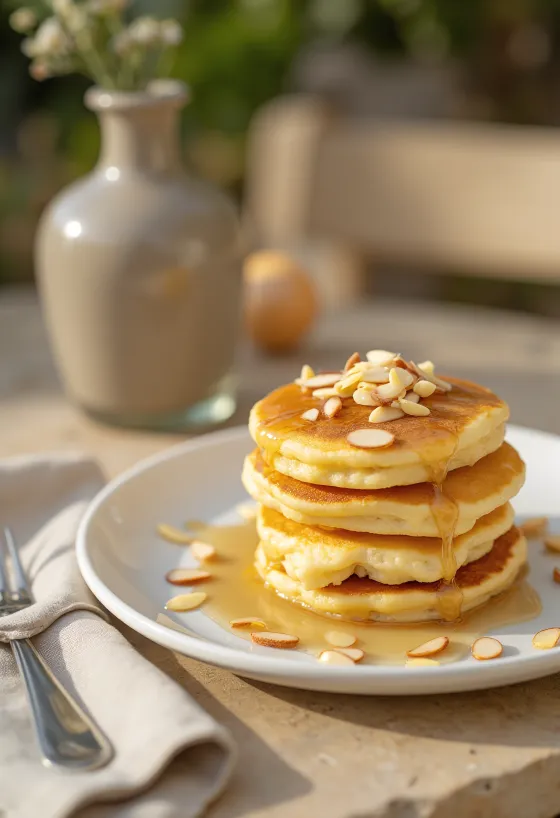 Amaretto pancake mandulával és porcukorral tálalva