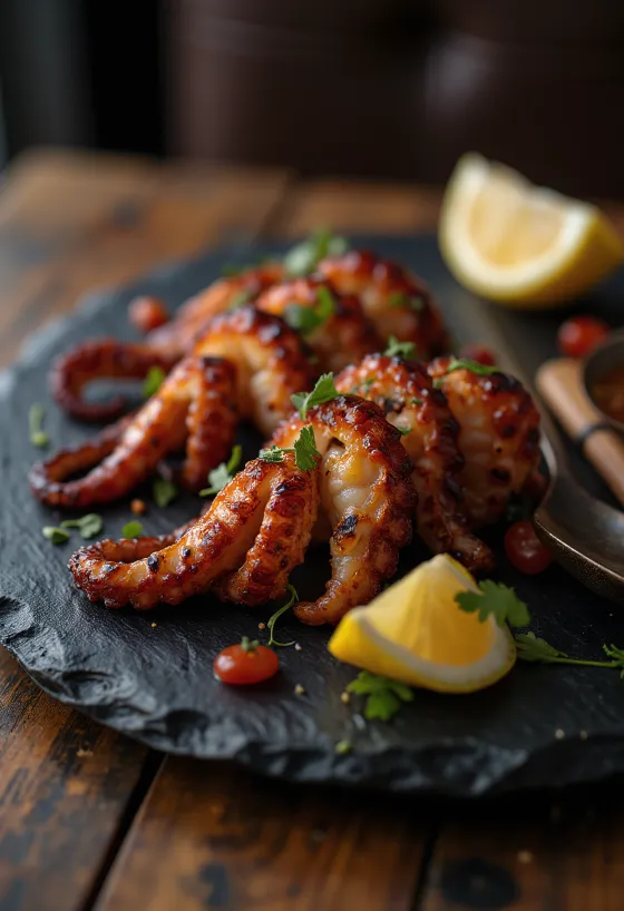 Anticucho de pulpo - grillezett polip nyársak, friss salátával