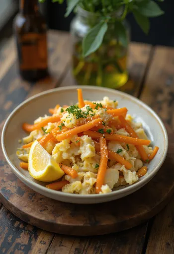 Bacalhau à Brás édesburgonyával tálalva, petrezselyemmel