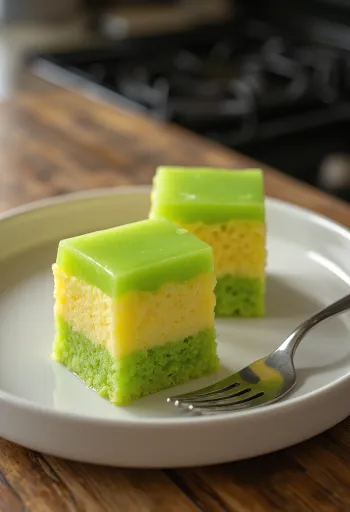 Bánh da lợn sárga és zöld rétegekkel, pandan levelekkel díszítve
