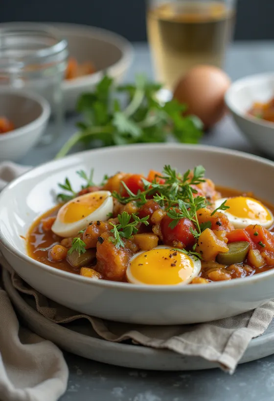 Caponata vegán változatban tálalva, padlizsánnal, olívabogyóval és paradicsomos szósszal