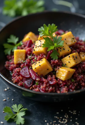 Céklás quinoa wok currys tahini tofuval tálalva