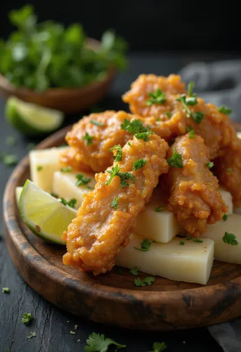 Chicharrón con yuca ropogós sertéshússal és aranybarnára sült jukkával tálalva