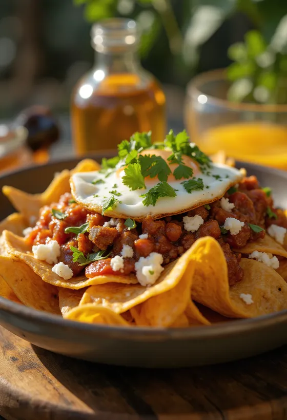 Chilaquiles con chorizo, ropogós tortillával és friss korianderrel tálalva