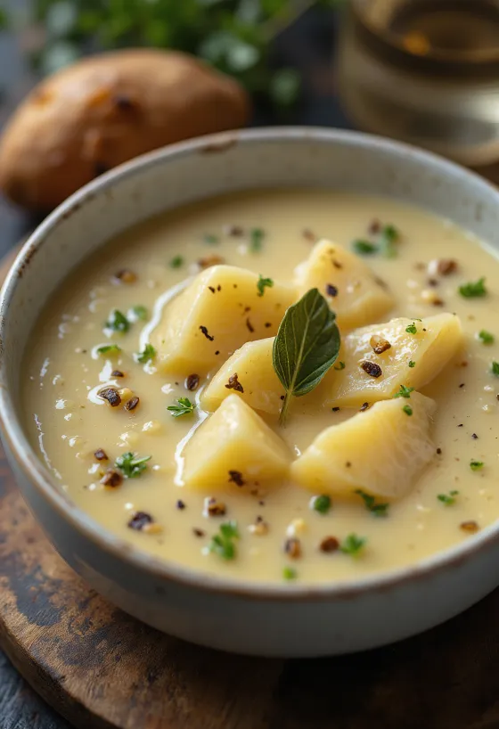 Cullen skink, skót halleves babérlevéllel tálalva
