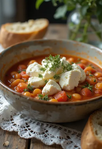 Fasolada feta sajttal megszórva, babos leves tálalva friss olívaolajjal