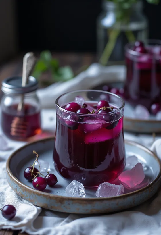 Feketeribizli tea pohárban tálalva