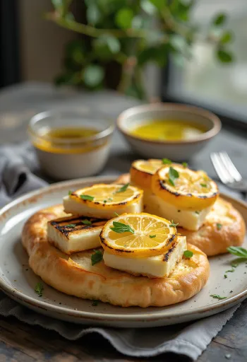 Focaccia grillezett halloumival és citrommal tálalva