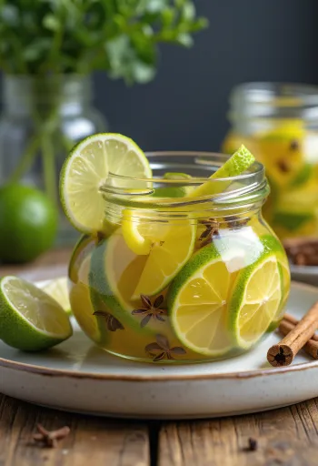 Fűszeres savanyított lime üvegben tálalva