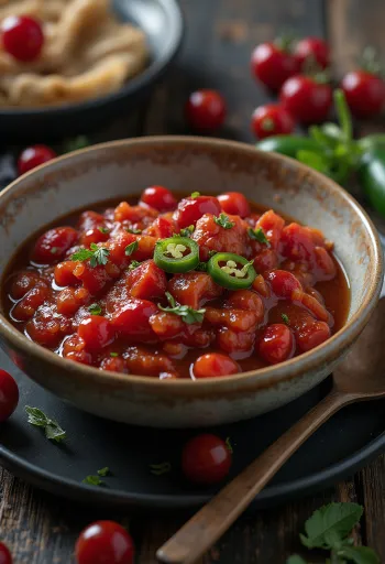 Jalapeños vörösáfonyás paradicsomszósz tálalva